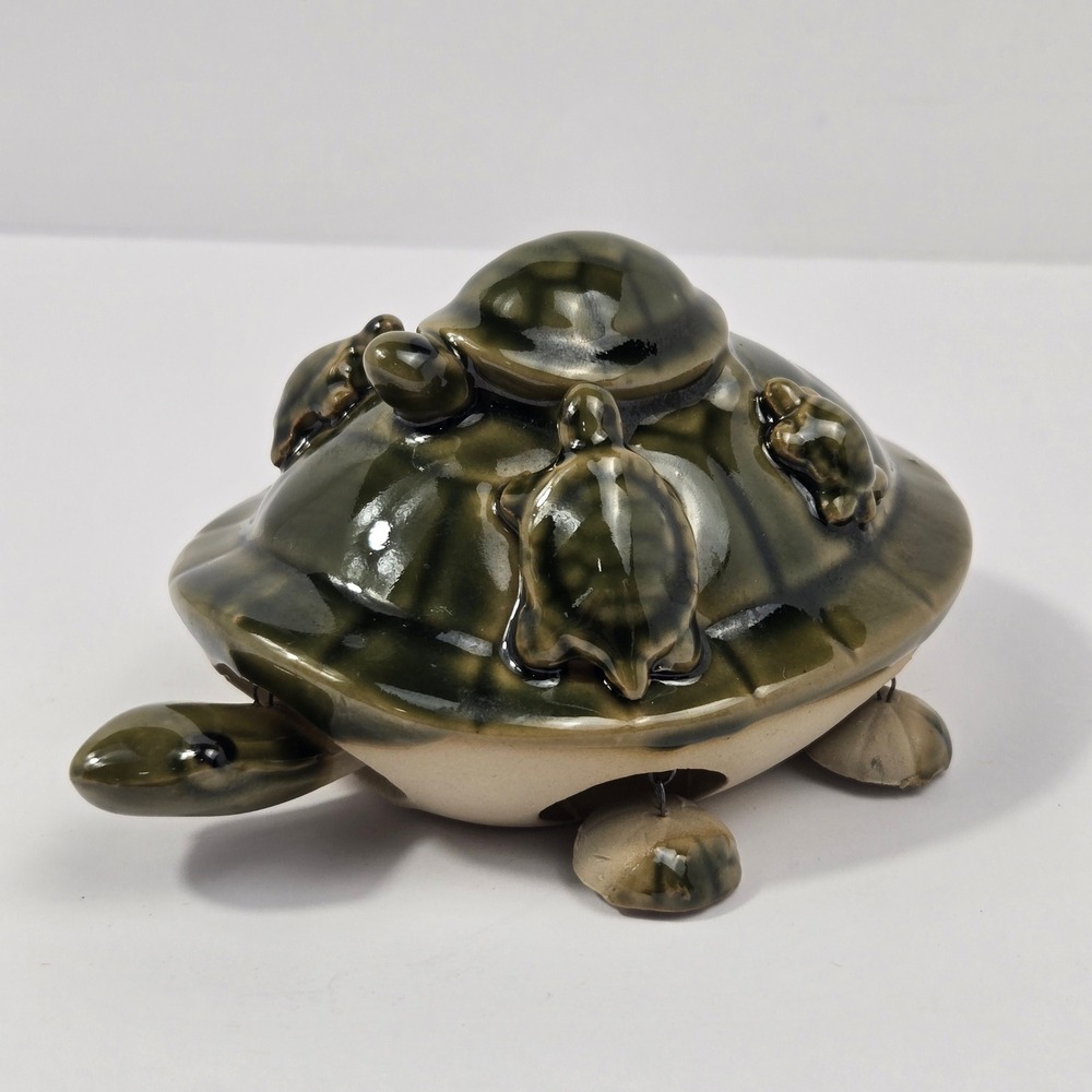 Vintage Ceramic Turtle Nodder Figurine Green Glazed Mother & Babies Decor 6.5"